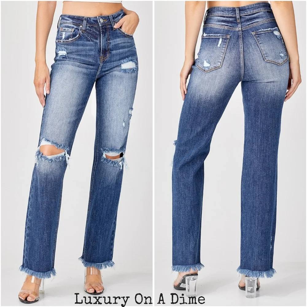 RISEN Torn High-Rise Distressed Jeans Retro Straight Leg Classic Denim Pants